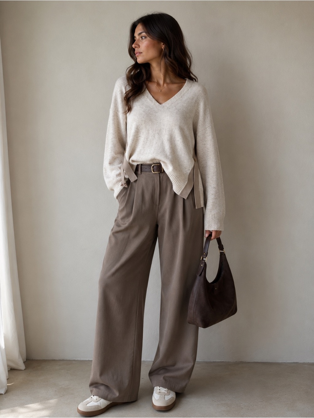 Scotch & Soda Cream V-Neck Sweater with Tan Side Panels